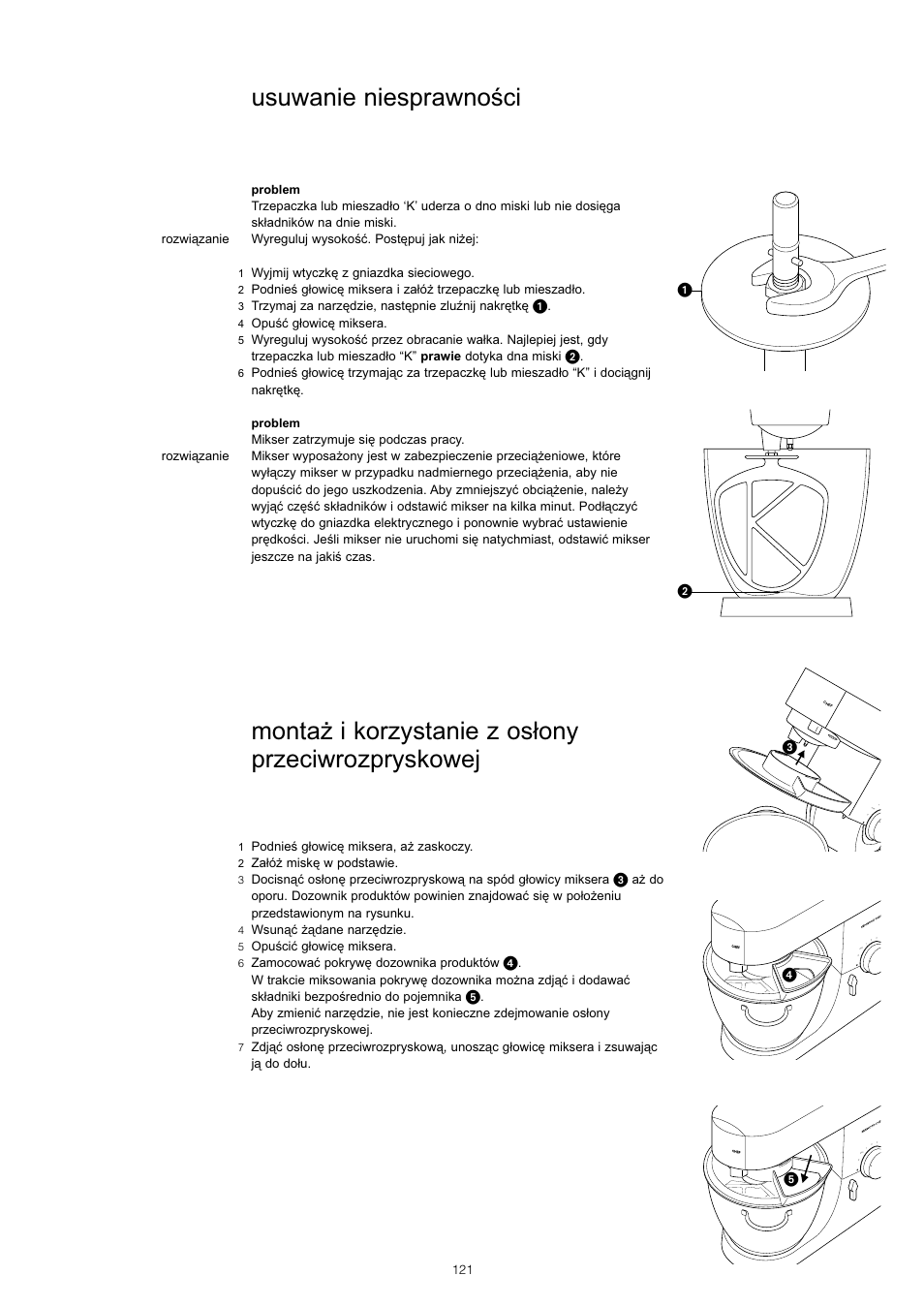 Montaż i korzystanie z osłony przeciwrozpryskowej, Usuwanie niesprawnoÿci | Kenwood KM001 series User Manual | Page 122 / 153