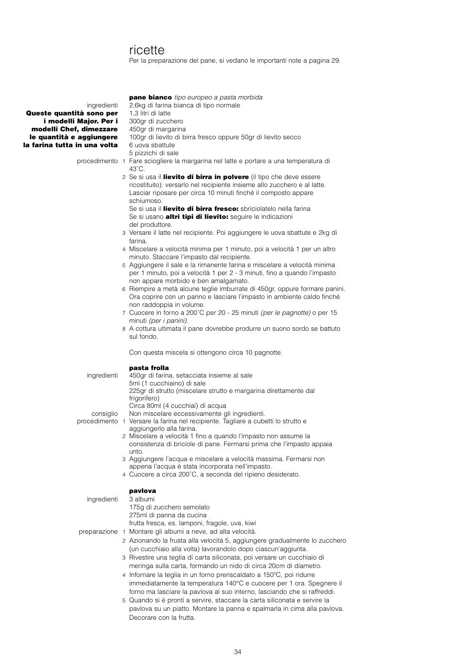 Ricette | Kenwood KM001 series User Manual | Page 35 / 153