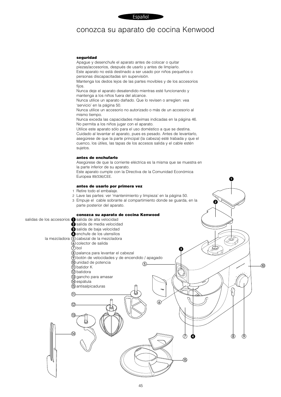 Conozca su aparato de cocina kenwood, Español | Kenwood KM001 series User Manual | Page 46 / 153