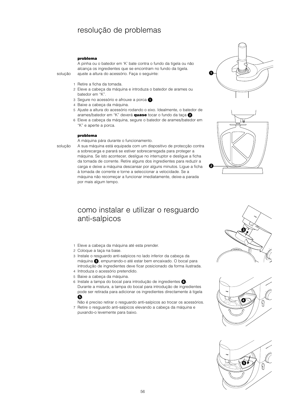 Como instalar e utilizar o resguardo anti-salpicos, Resolução de problemas | Kenwood KM001 series User Manual | Page 57 / 153