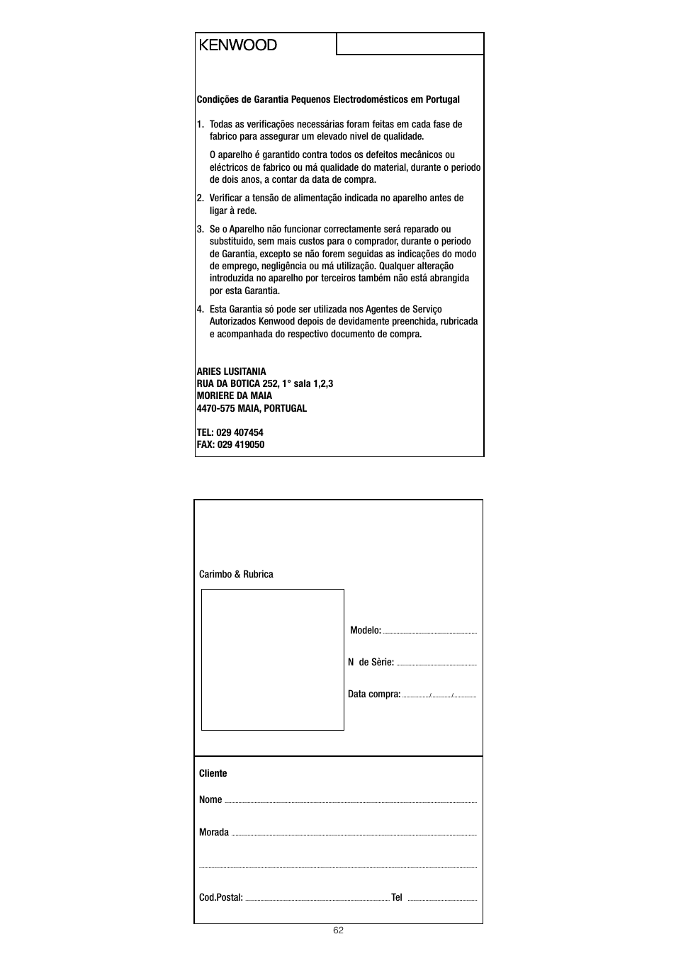 Revendedor aparelho, Garantia nº | Kenwood KM001 series User Manual | Page 63 / 153