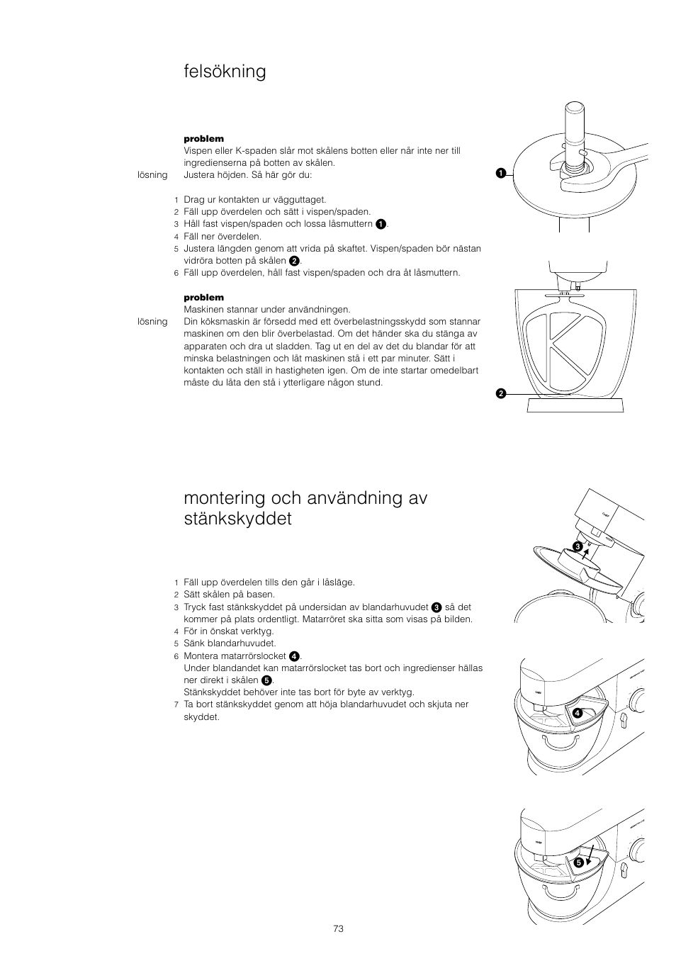 Montering och användning av stänkskyddet, Felsökning | Kenwood KM001 series User Manual | Page 74 / 153