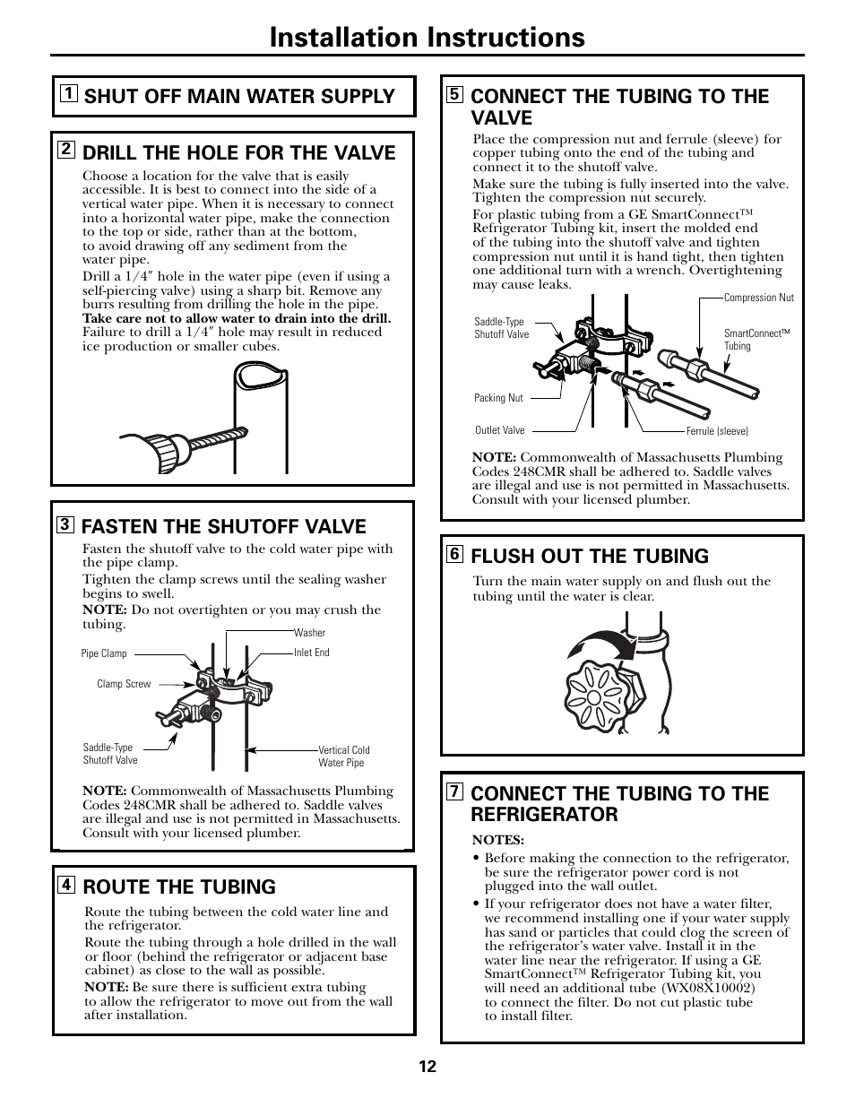 Installation instructions, Shut off main water supply, Drill the hole for the valve | Fasten the shutoff valve, Route the tubing, Connect the tubing to the valve, Flush out the tubing, Connect the tubing to the refrigerator | Hotpoint 25 User Manual | Page 12 / 64
