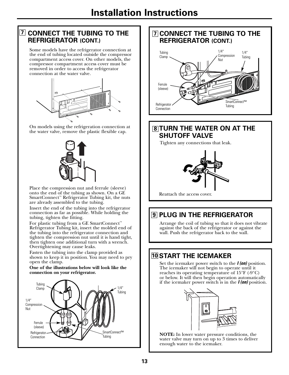 Installation instructions, Connect the tubing to the refrigerator, Plug in the refrigerator | Start the icemaker | Hotpoint 25 User Manual | Page 13 / 64