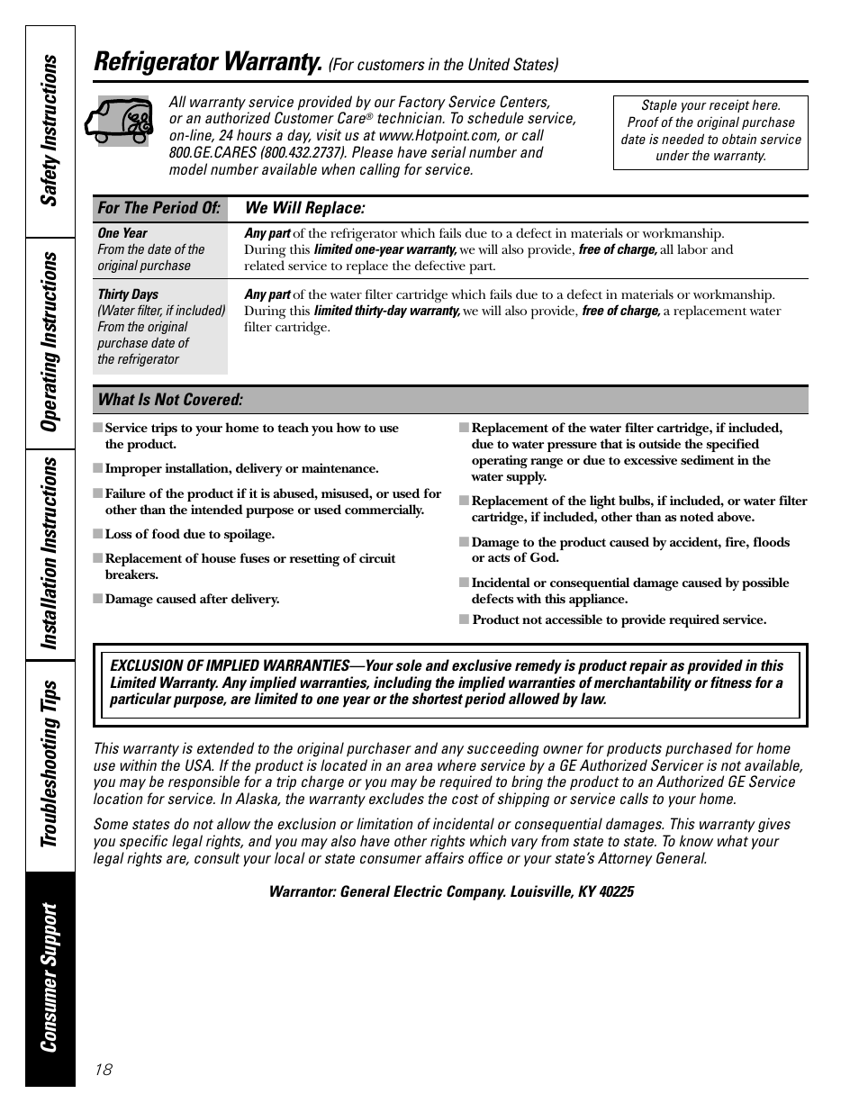 Warranty (u.s.), Refrigerator warranty | Hotpoint 25 User Manual | Page 18 / 64