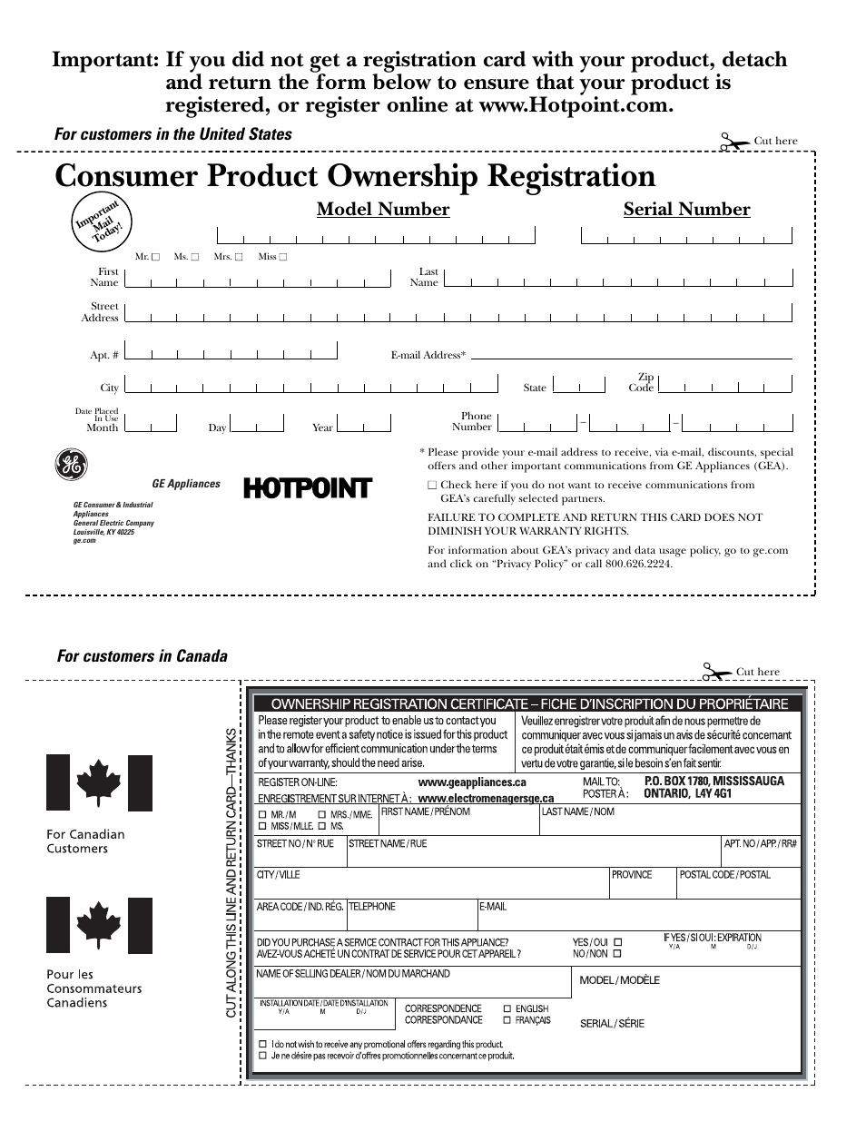 Product registration (canadian), Product registration (canadian) , 22, Consumer product ownership registration | Model number serial number | Hotpoint 25 User Manual | Page 21 / 64