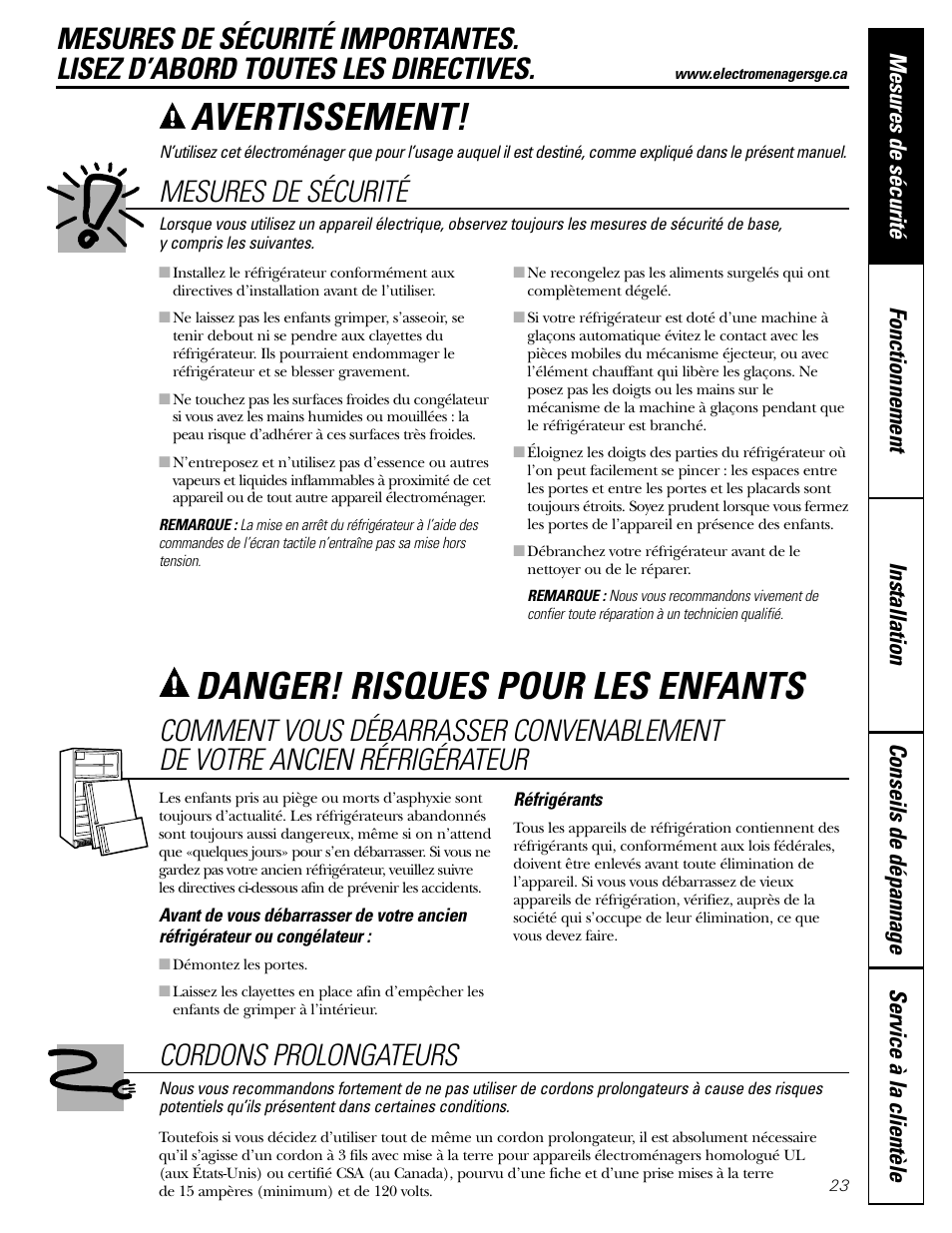 Cordons prolongateurs, Mesures de sécurité, Avertissement | Danger! risques pour les enfants | Hotpoint 25 User Manual | Page 23 / 64