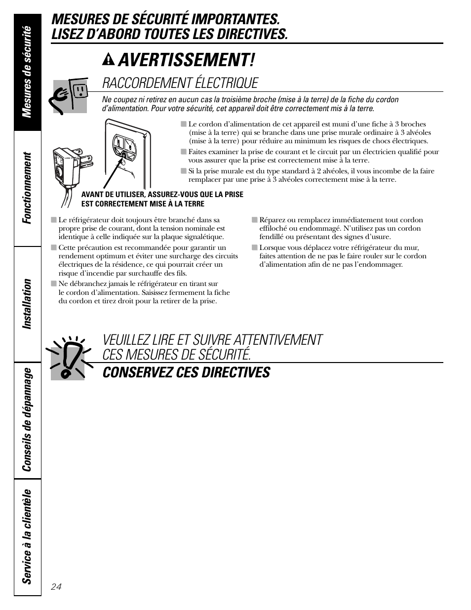 Raccordement électrique, Avertissement | Hotpoint 25 User Manual | Page 24 / 64