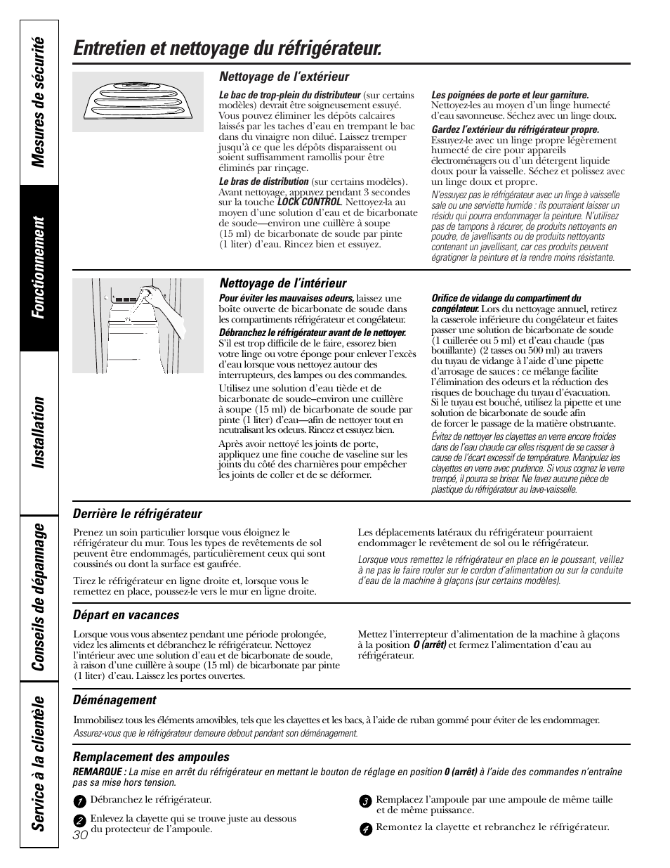 Nettoyage, Remplacement des ampoules, Nettoyage remplacement des ampoules | Entretien et nettoyage du réfrigérateur | Hotpoint 25 User Manual | Page 30 / 64