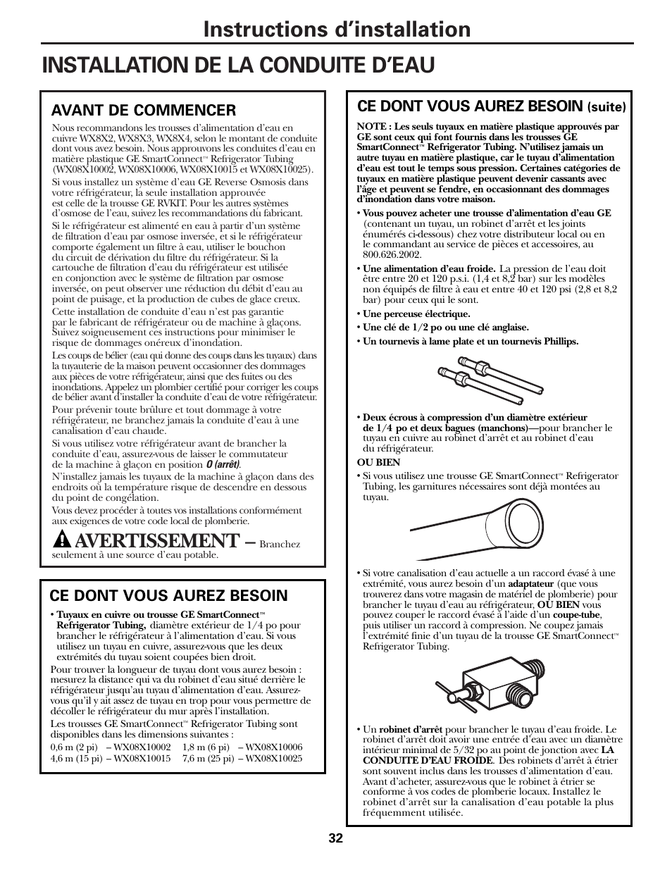 Installation de la conduite d'eau, Installation de la conduite d’eau –34, Avertissement | Avant de commencer ce dont vous aurez besoin, Ce dont vous aurez besoin | Hotpoint 25 User Manual | Page 32 / 64