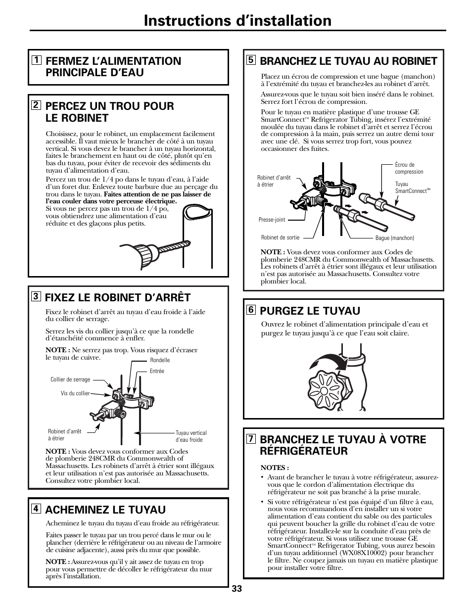 Instructions d’installation, Branchez le tuyau au robinet, Fermez l’alimentation principale d’eau | Percez un trou pour le robinet, Fixez le robinet d’arrêt, Acheminez le tuyau, Purgez le tuyau, Branchez le tuyau à votre réfrigérateur | Hotpoint 25 User Manual | Page 33 / 64