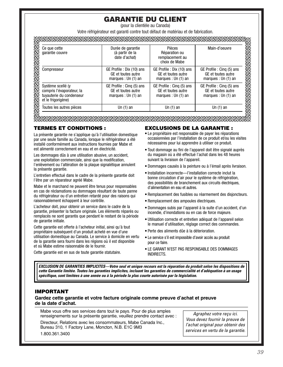 Garantie pour la clientèle au canada, Garantie du client | Hotpoint 25 User Manual | Page 39 / 64