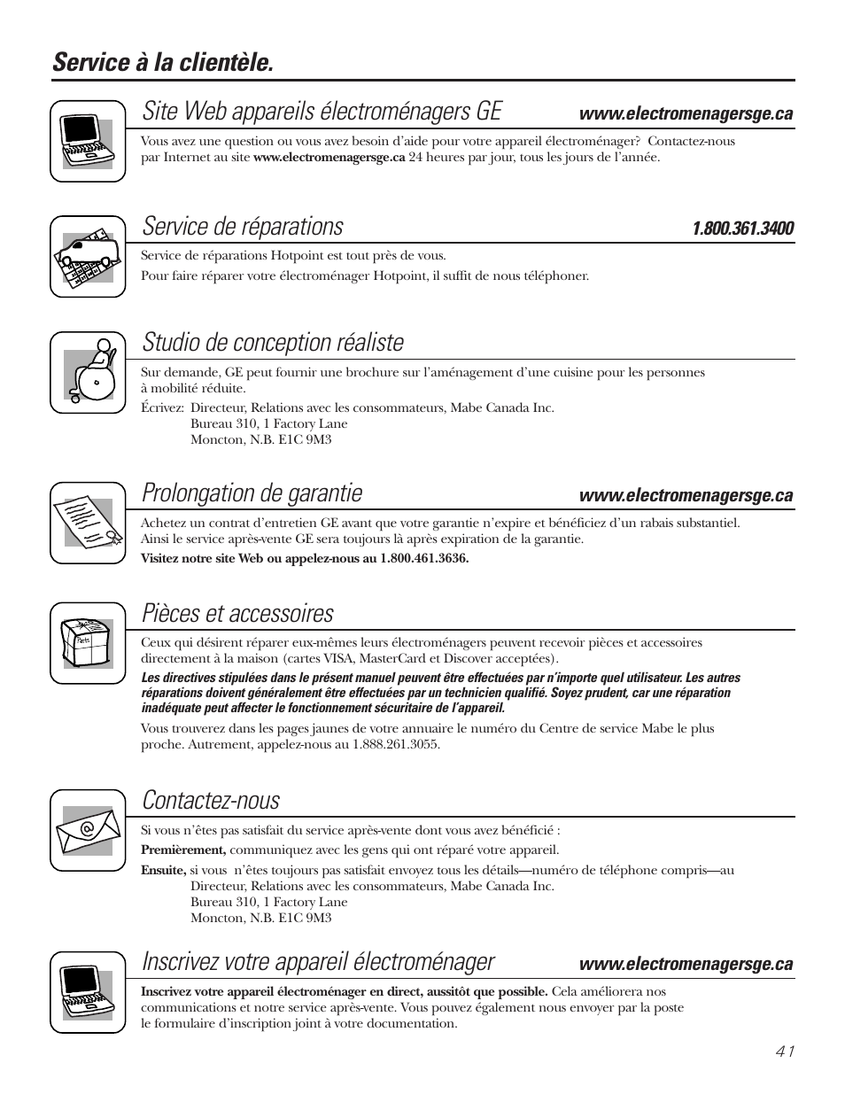 Service à la clientèle, Service de réparations, Studio de conception réaliste | Prolongation de garantie, Pièces et accessoires, Contactez-nous, Inscrivez votre appareil électroménager | Hotpoint 25 User Manual | Page 41 / 64