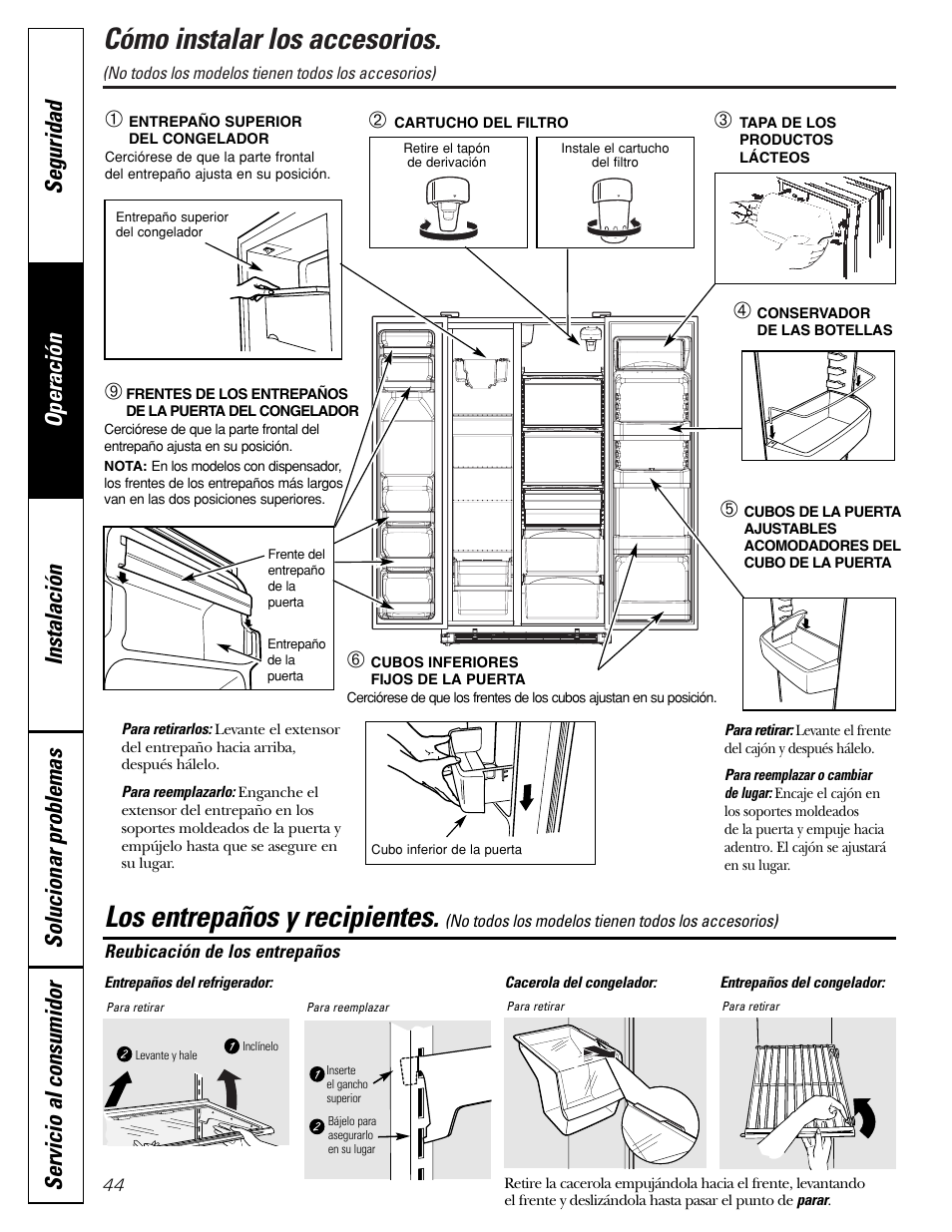 Entrepaños y recipientes, Instalación de las características, Entrepaños y recipientes –45 | Cómo instalar los accesorios, Los entrepaños y recipientes | Hotpoint 25 User Manual | Page 44 / 64