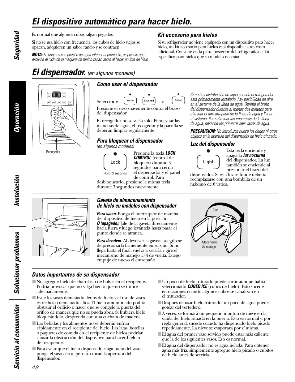 Dispensador, El dispositivo automático para hacer hielo, El dispensador | Hotpoint 25 User Manual | Page 48 / 64