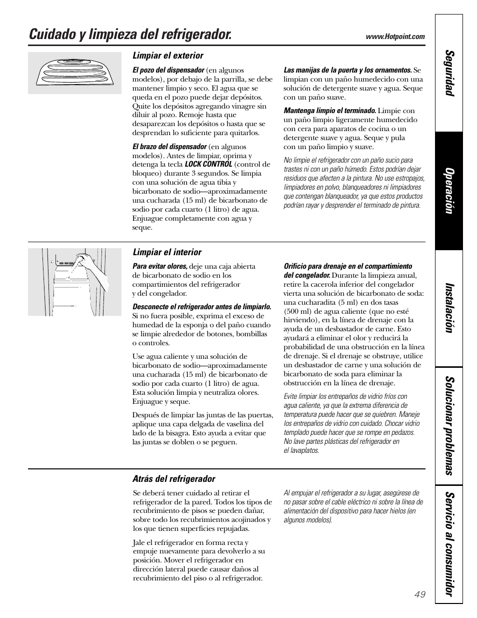 Limpieza, Limpieza –50, Cuidado y limpieza del refrigerador | Hotpoint 25 User Manual | Page 49 / 64