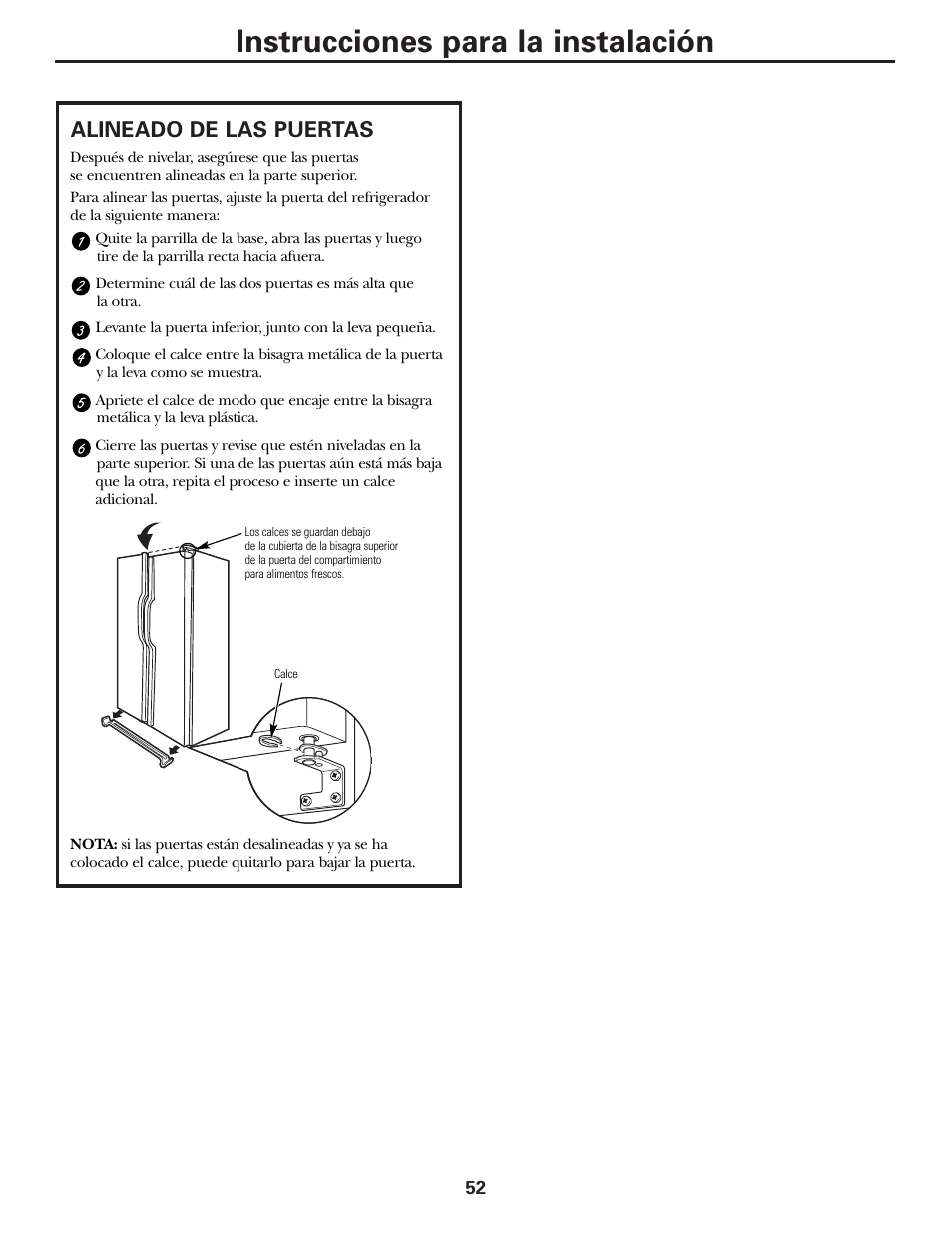 Instrucciones para la instalación, Alineado de las puertas | Hotpoint 25 User Manual | Page 52 / 64