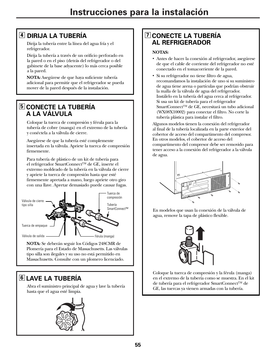 Instrucciones para la instalación, Conecte la tubería a la válvula, Lave la tubería | Dirija la tubería, Conecte la tubería al refrigerador | Hotpoint 25 User Manual | Page 55 / 64