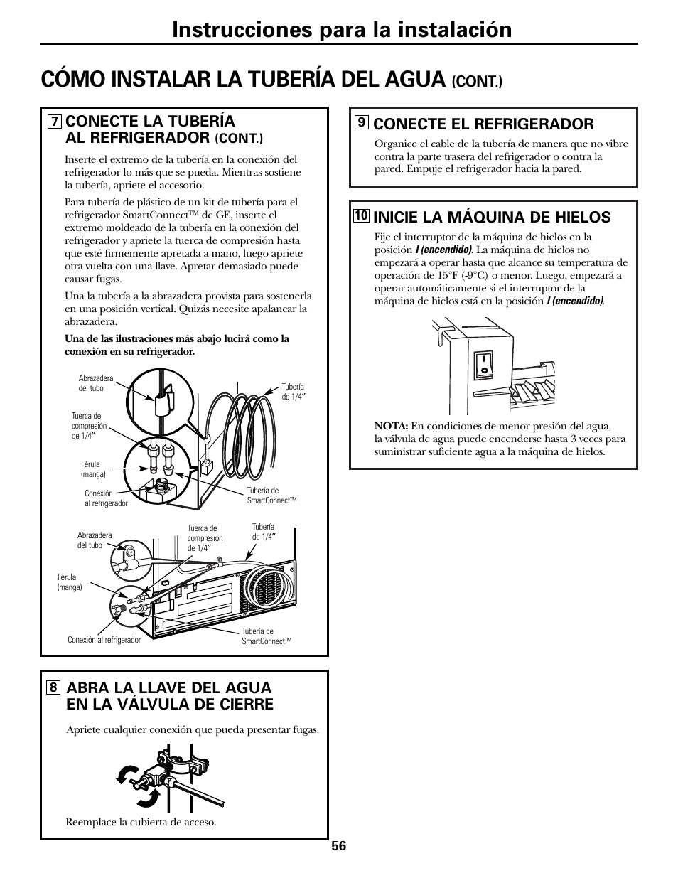 Instrucciones para la instalación, Cómo instalar la tubería del agua, Conecte el refrigerador | Inicie la máquina de hielos, Abra la llave del agua en la válvula de cierre, Conecte la tubería al refrigerador, Cont.) | Hotpoint 25 User Manual | Page 56 / 64