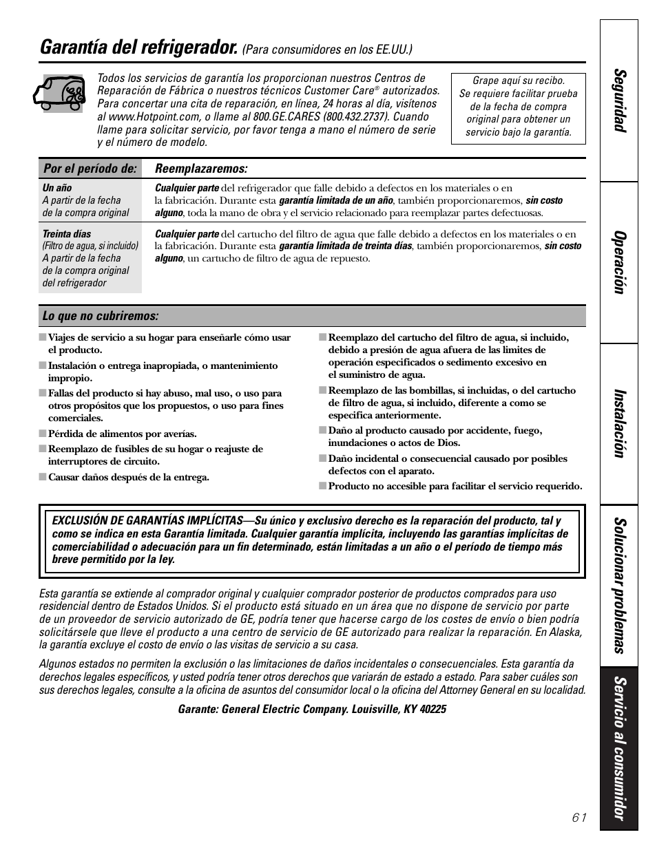 Garantía para consumidores en los estados unidos, Garantía del refrigerador | Hotpoint 25 User Manual | Page 61 / 64