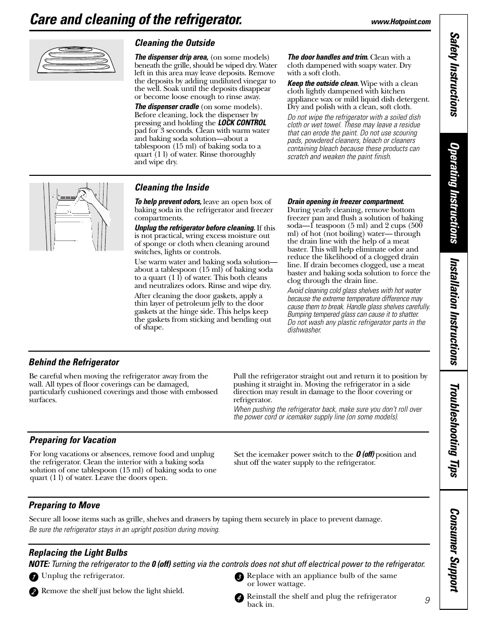 Cleaning, Light bulbs, Cleaning light bulbs | Care and cleaning of the refrigerator | Hotpoint 25 User Manual | Page 9 / 64