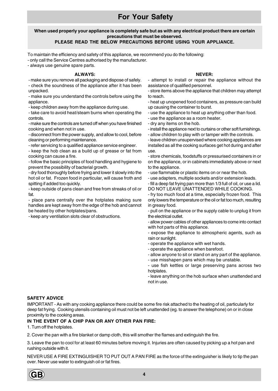 For your safety | Hotpoint E302X User Manual | Page 4 / 12