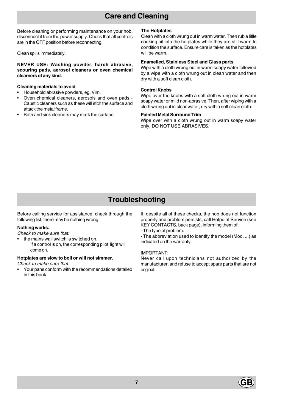 Care and cleaning troubleshooting | Hotpoint E302X User Manual | Page 7 / 12
