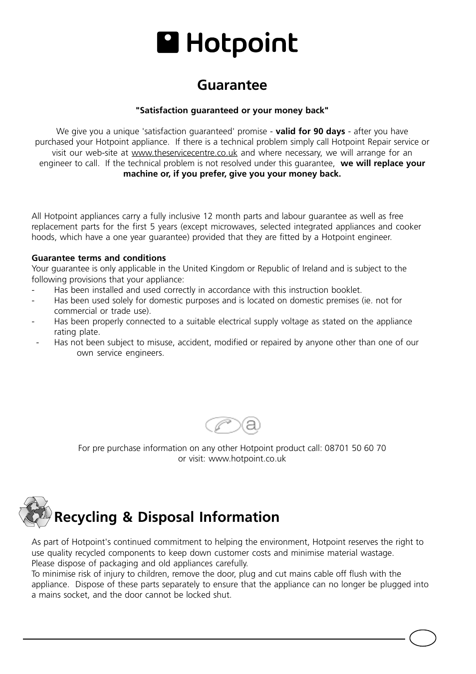 Gb guarantee, Recycling & disposal information | Hotpoint HM315I User Manual | Page 15 / 16