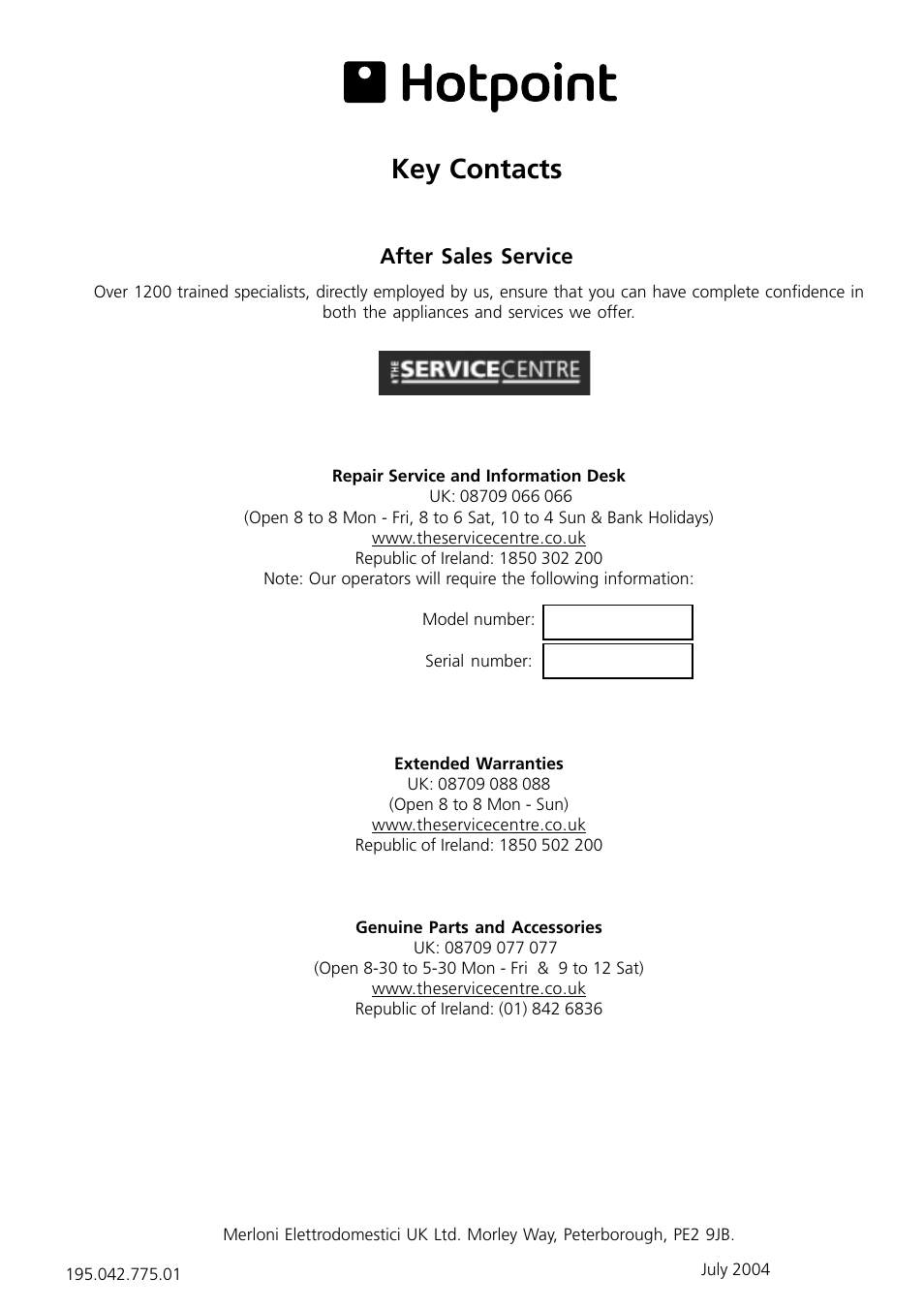 Key contacts, After sales service | Hotpoint HM315I User Manual | Page 16 / 16