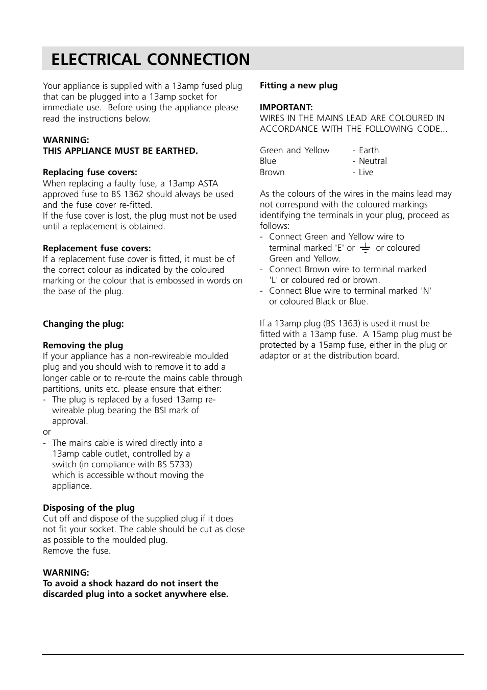 Electrical connection | Hotpoint HM315I User Manual | Page 4 / 16