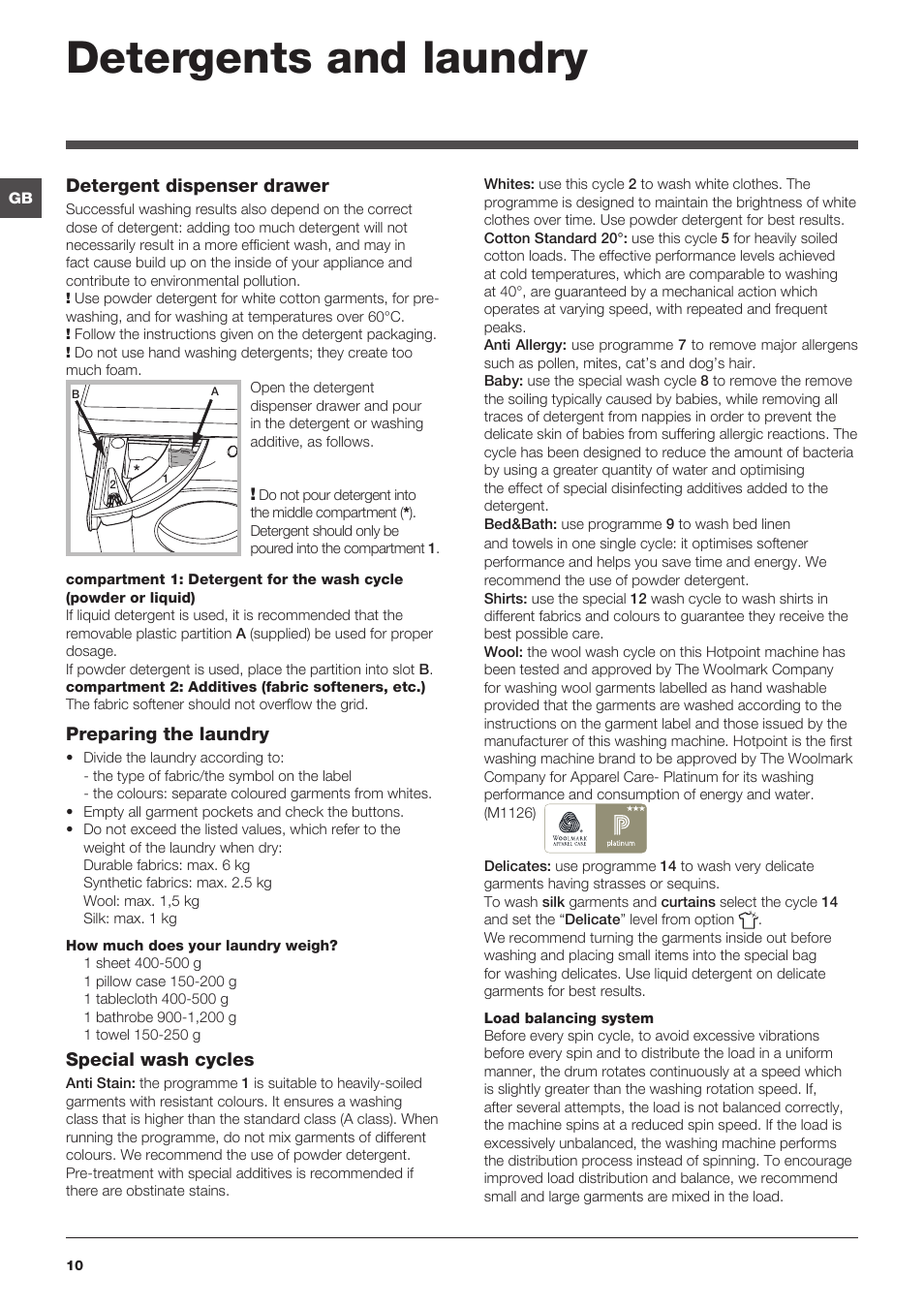 Detergents and laundry | Hotpoint Washing Machine WMFG User Manual | Page 10 / 16