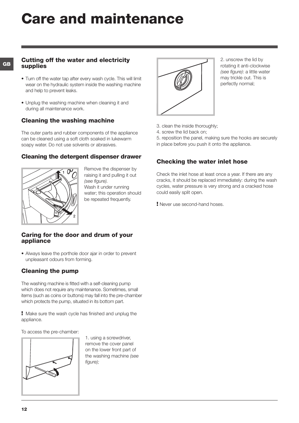 Care and maintenance | Hotpoint Washing Machine WMFG User Manual | Page 12 / 16