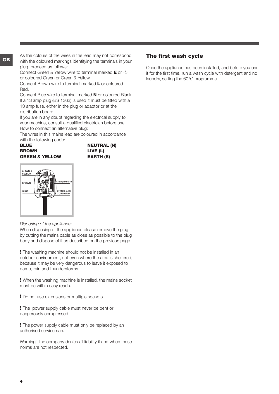 The first wash cycle | Hotpoint Washing Machine WMFG User Manual | Page 4 / 16