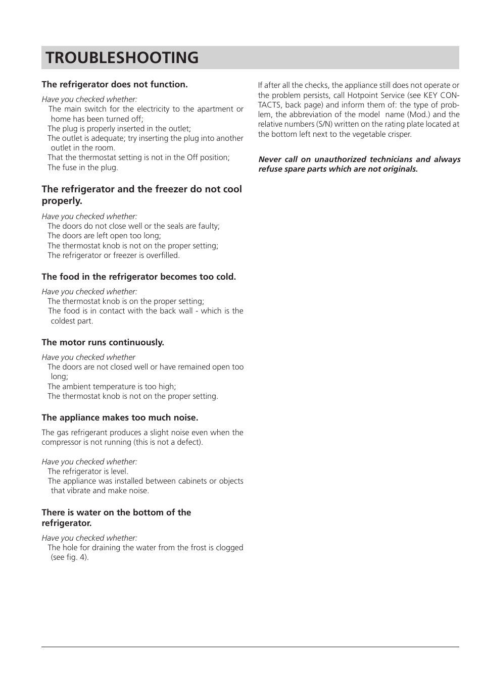 Troubleshooting | Hotpoint RTA 41 User Manual | Page 12 / 16