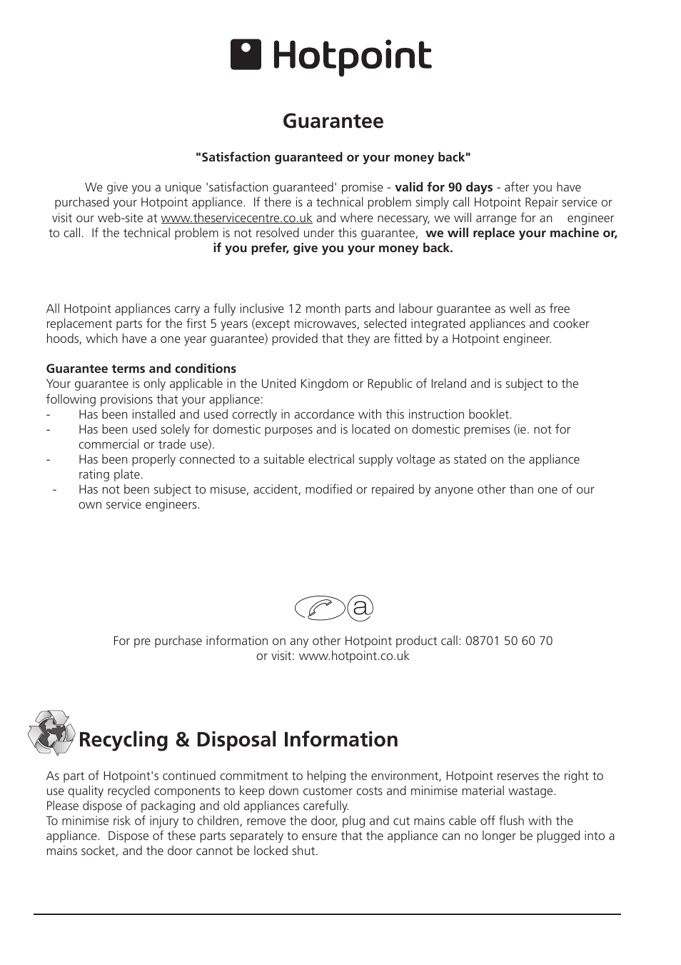 Guarantee, Recycling & disposal information | Hotpoint RTA 41 User Manual | Page 15 / 16