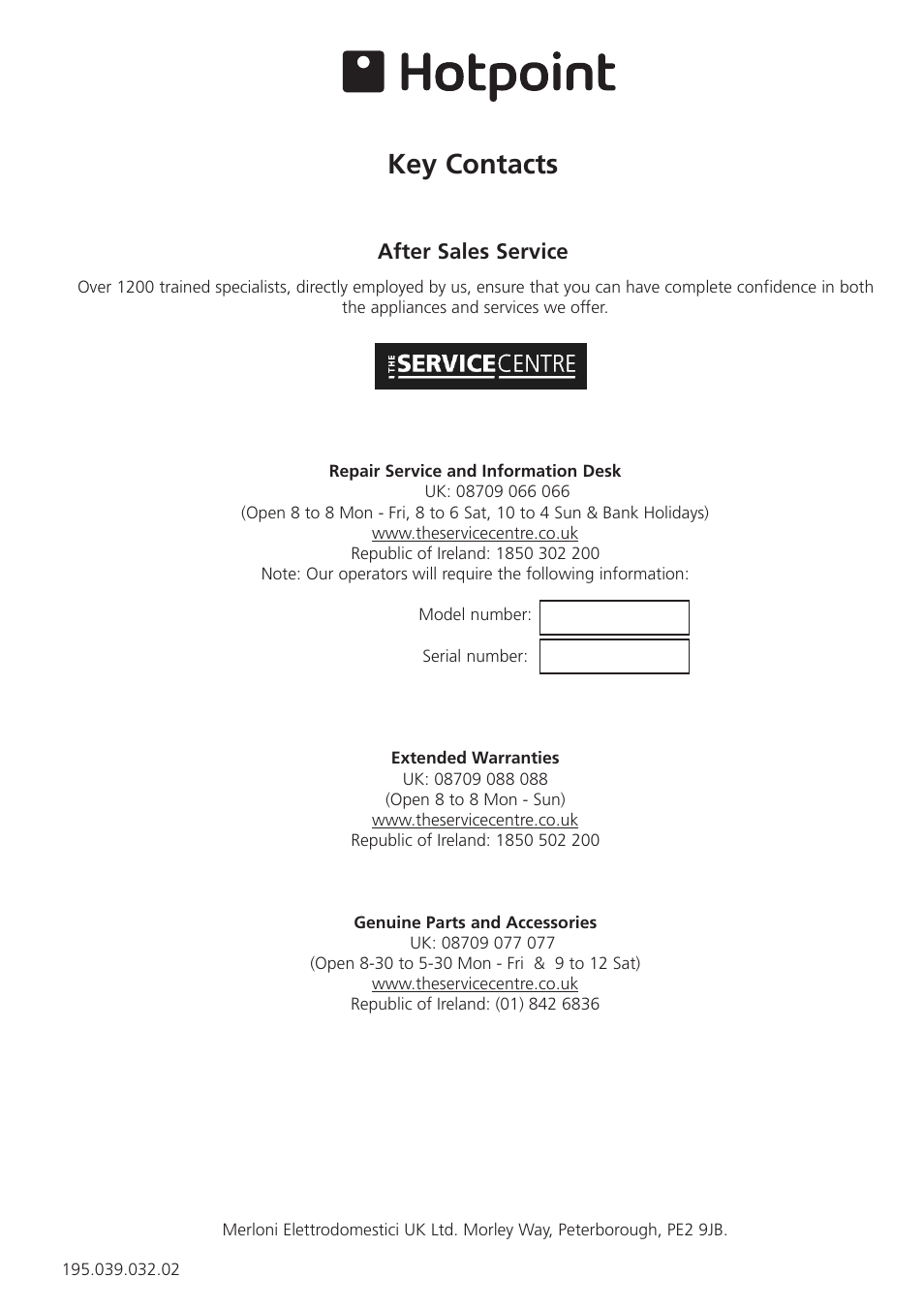 Key contacts, After sales service | Hotpoint RTA 41 User Manual | Page 16 / 16