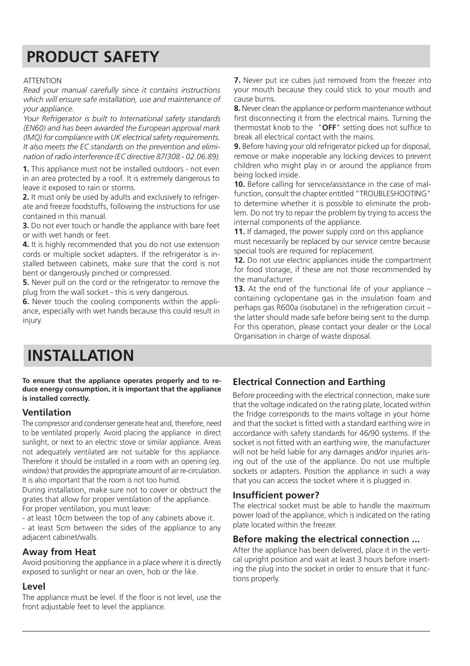 Product safety, Installation | Hotpoint RTA 41 User Manual | Page 3 / 16