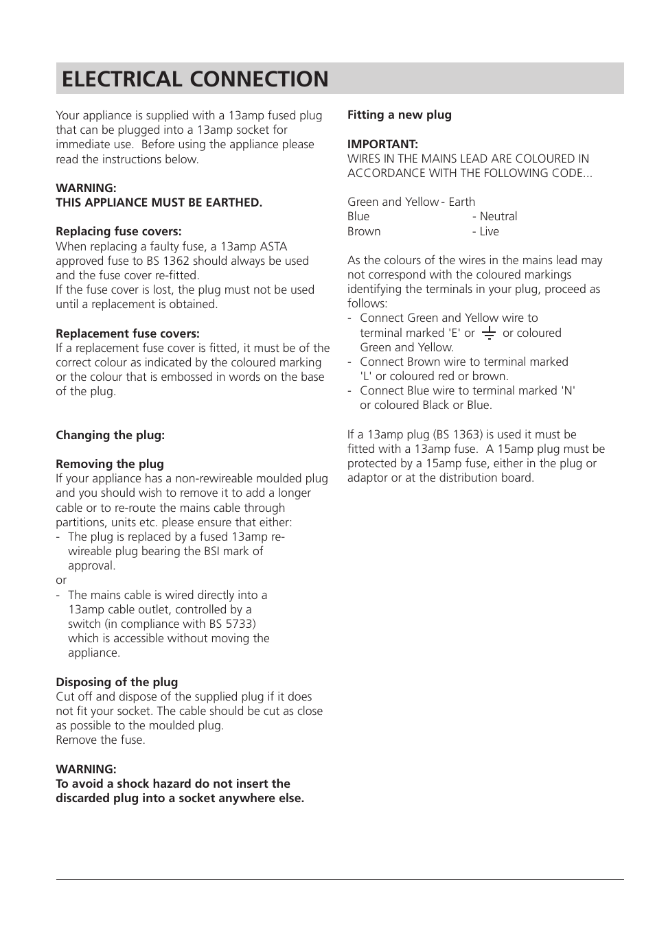 Electrical connection | Hotpoint RTA 41 User Manual | Page 4 / 16