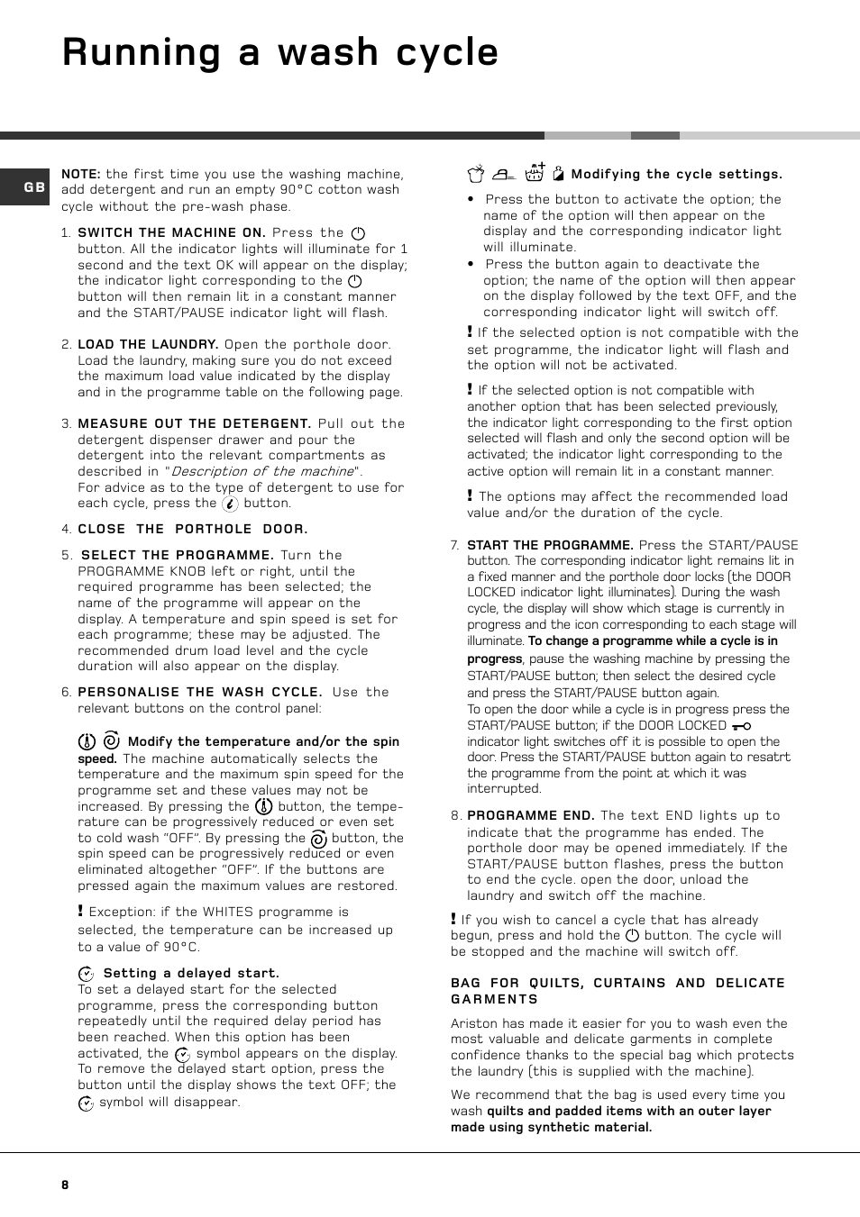 Running a wash cycle | Hotpoint AQXXD 169 User Manual | Page 10 / 20