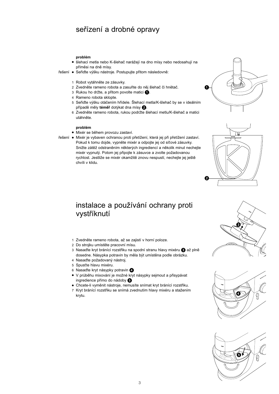 Instalace a používání ochrany proti vystříknutí, Se¡ízení a drobné opravy | Kenwood KM001-KM006 User Manual | Page 5 / 43