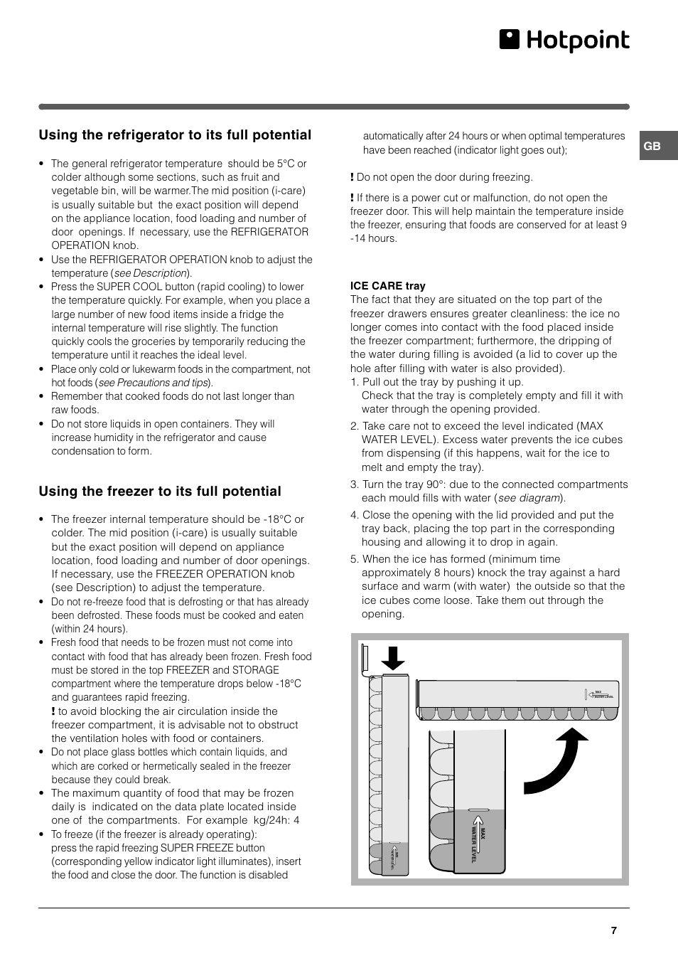 Using the refrigerator to its full potential, Using the freezer to its full potential | Hotpoint FF200E User Manual | Page 7 / 12