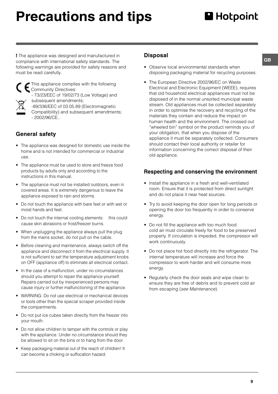 Precautions and tips | Hotpoint FF200E User Manual | Page 9 / 12