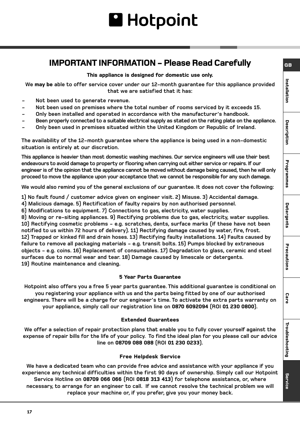 Important information - please read carefully | Hotpoint ET 1400 User Manual | Page 19 / 20