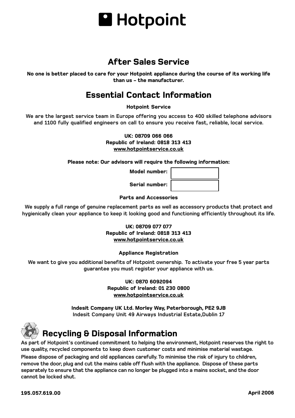 After sales service, Essential contact information, Recycling & disposal information | Hotpoint ET 1400 User Manual | Page 20 / 20