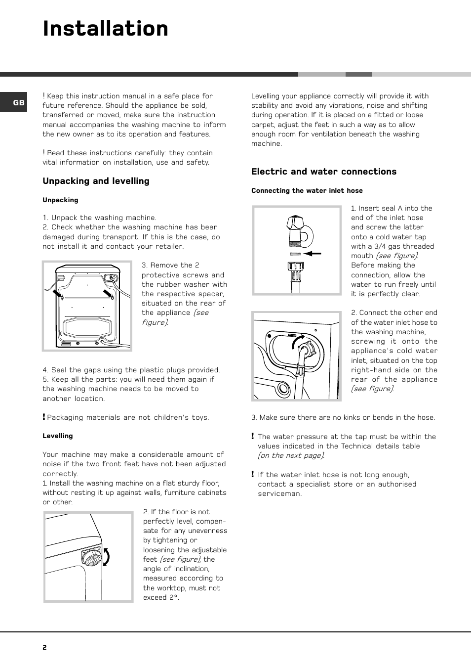 Installation, Unpacking and levelling, Electric and water connections | Hotpoint ET 1400 User Manual | Page 4 / 20