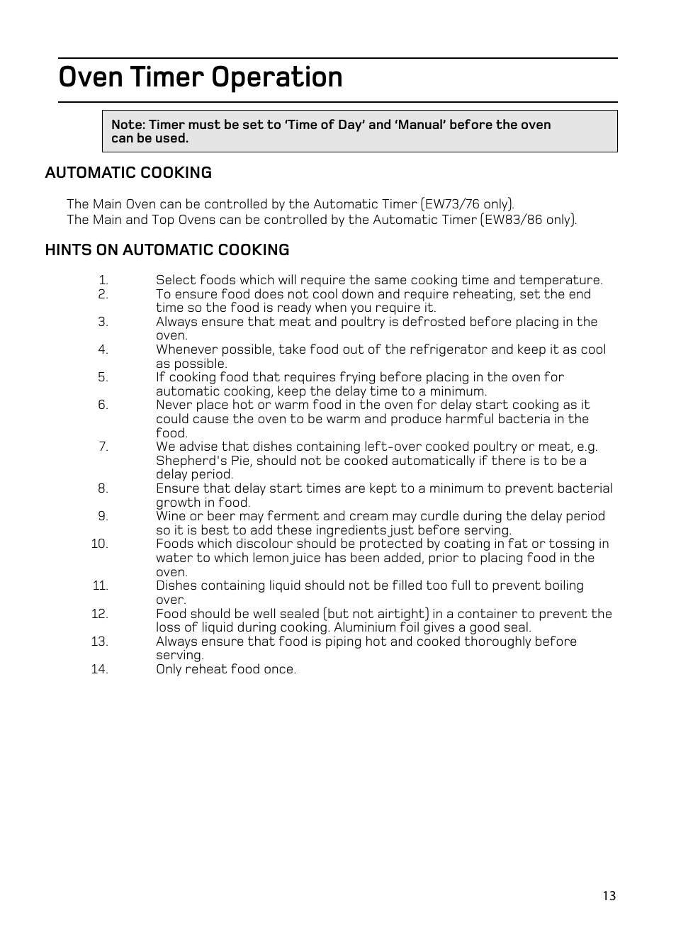 Oven timer operation | Hotpoint EW86 User Manual | Page 13 / 36