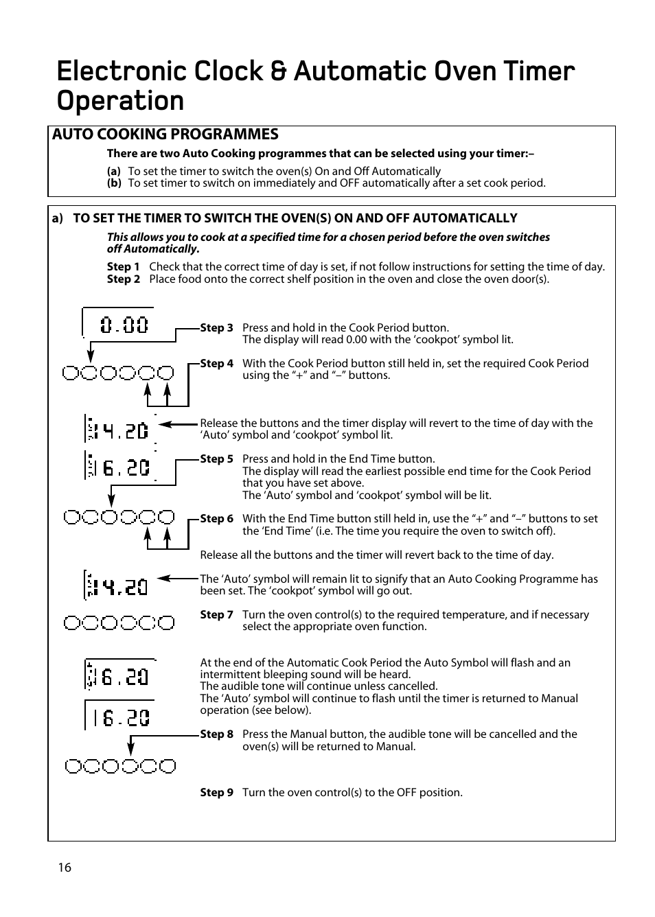 Electronic clock & automatic oven timer operation, Auto cooking programmes | Hotpoint EW86 User Manual | Page 16 / 36