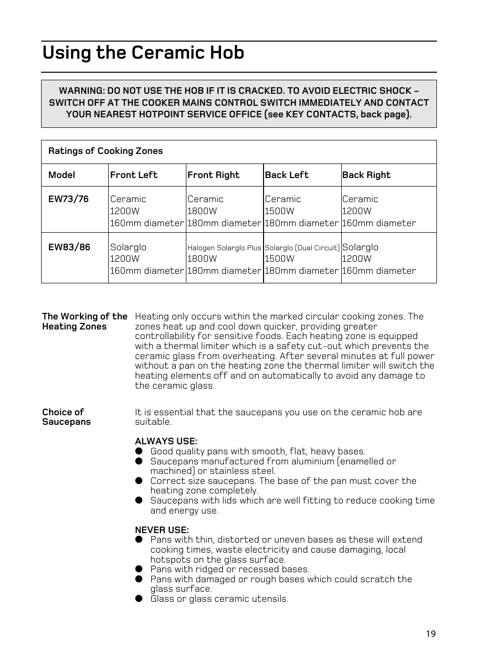 Using the ceramic hob | Hotpoint EW86 User Manual | Page 19 / 36