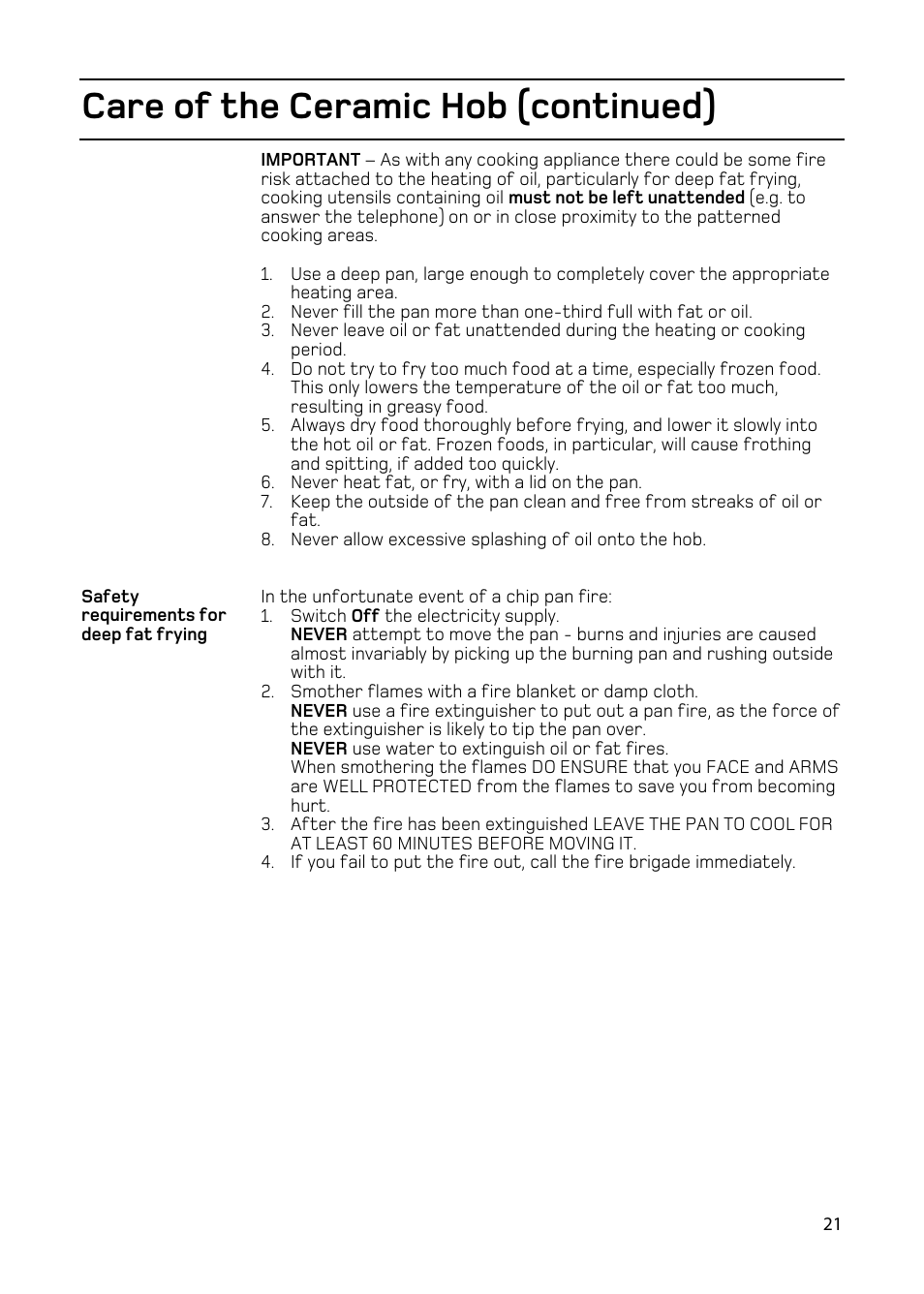 Care of the ceramic hob (continued) | Hotpoint EW86 User Manual | Page 21 / 36