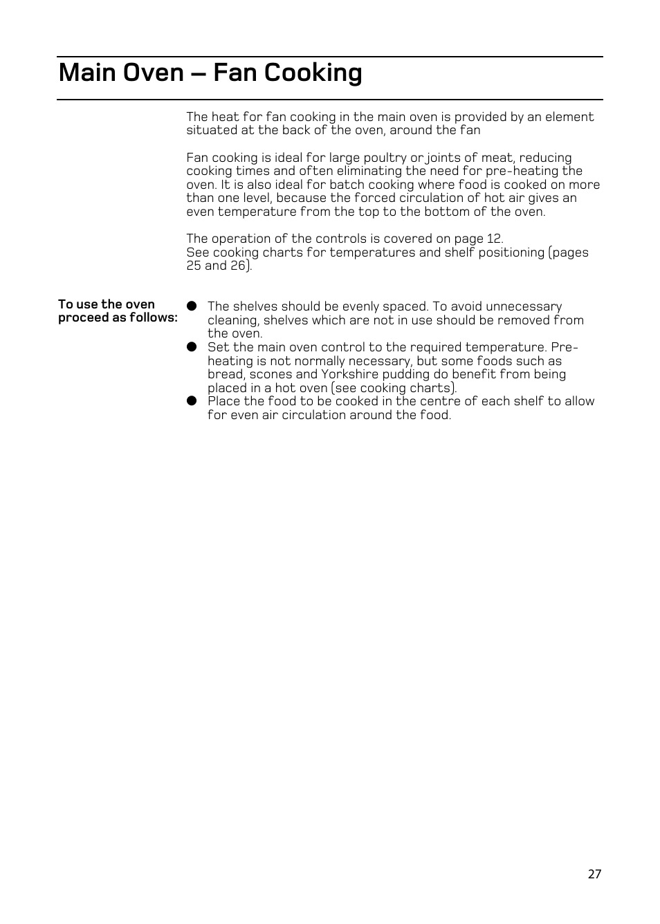 Main oven – fan cooking | Hotpoint EW86 User Manual | Page 27 / 36